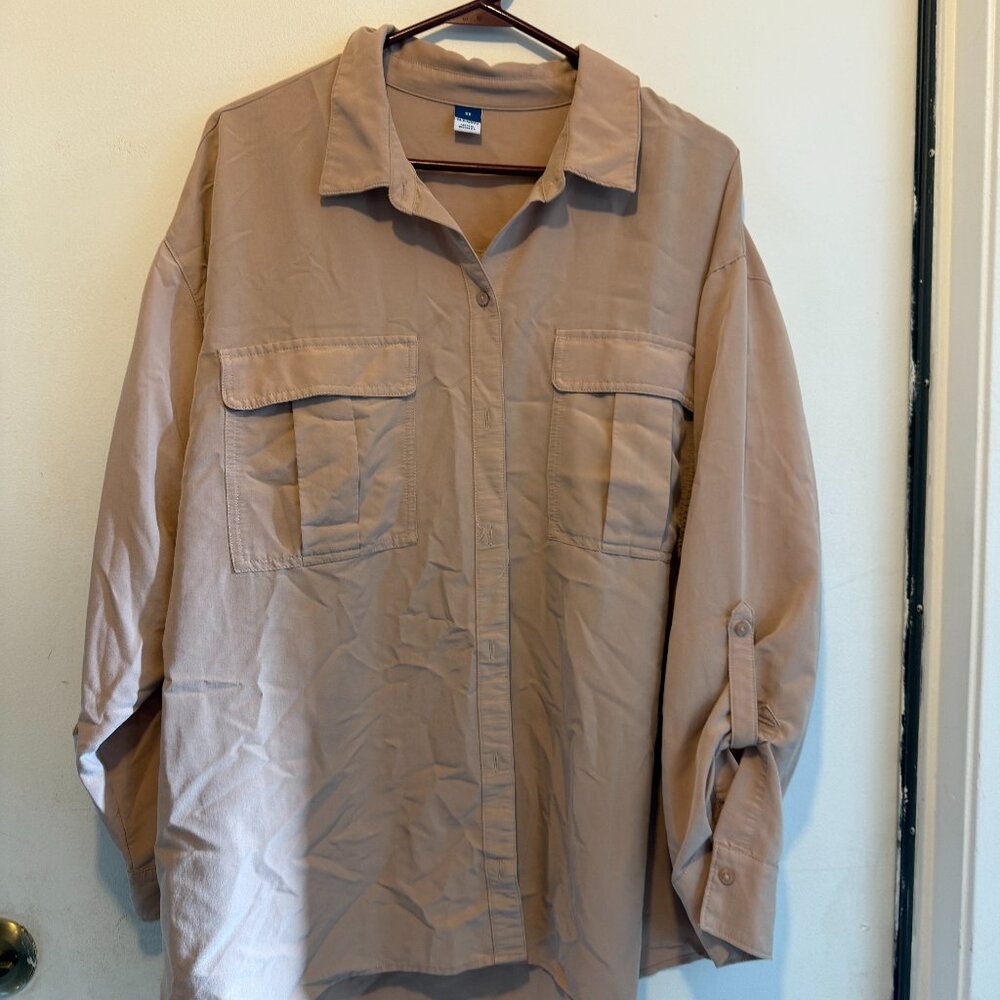 Old Navy Button Down Utility Shirt Women's Plus Size 2X Beige Double Pockets(146